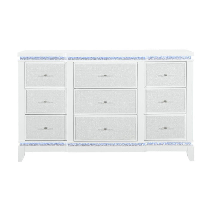 62" Faux Crystal Glitter Wood Lighted Nine Drawer Triple Dresser - White