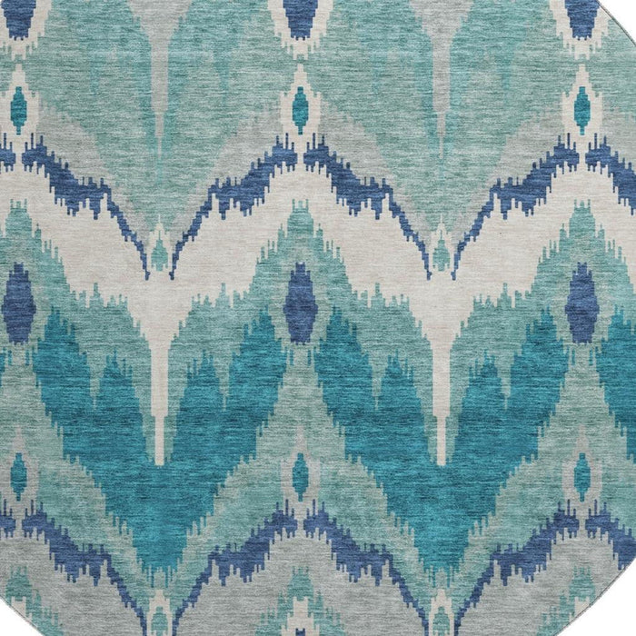 8' Ikat Washable Round Rug With UV Protection - Teal And Ivory