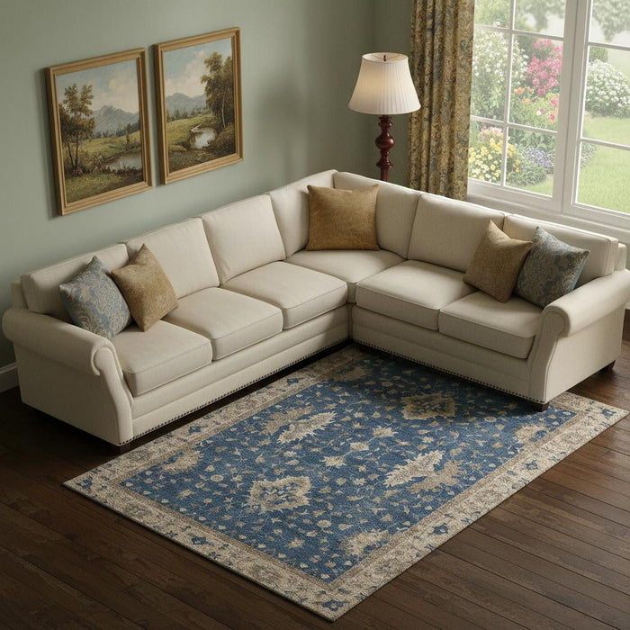 10' X 14' Oriental Washable Area Rug With UV Protection (699734) - Navy Blue / Beige