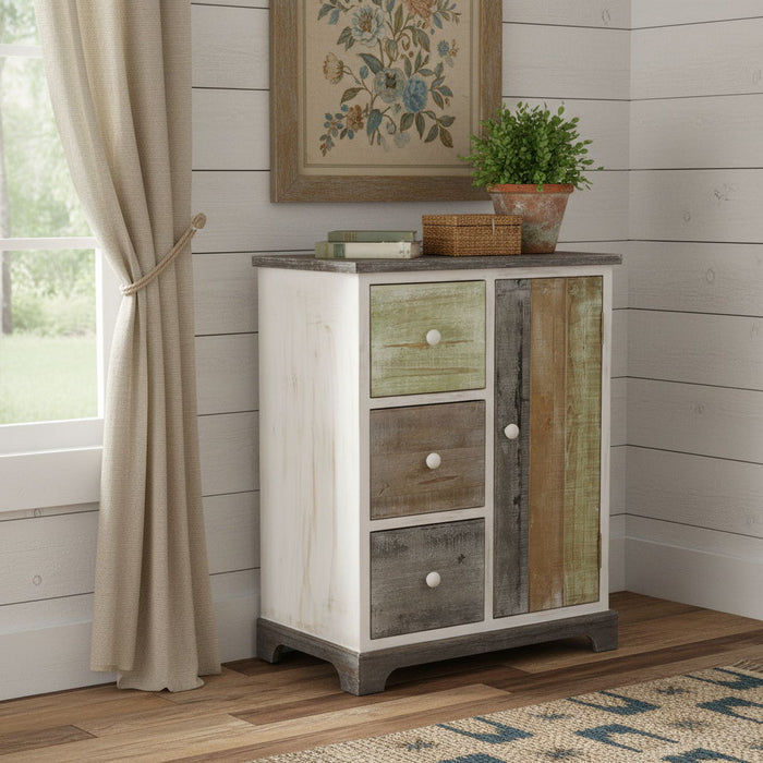 Rustic Wood End Table With Three Drawers - White And Black