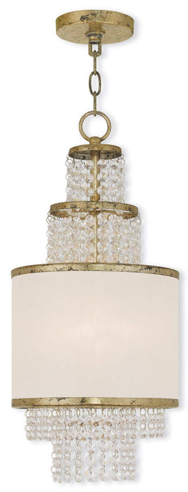 Two-light metal chandelier by HomeRoots with gold finish, clear and off-white shades, featuring a modern dimmable design.