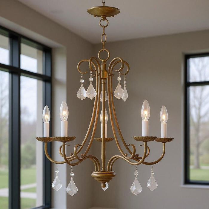 22" Five Light Dimmable Chandelier With Shades - Antiqued Gold
