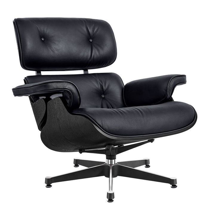 Black tufted genuine leather swivel lounge chair with matching ottoman, featuring a sleek modern design by HomeRoots.