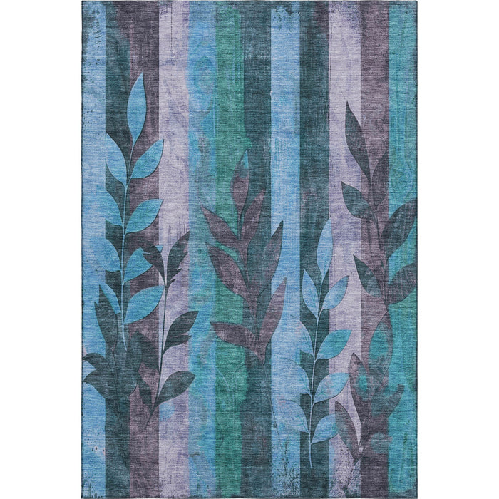 10' X 14' Floral Washable Area Rug With UV Protection (706391) - Denim Blue / Lavender