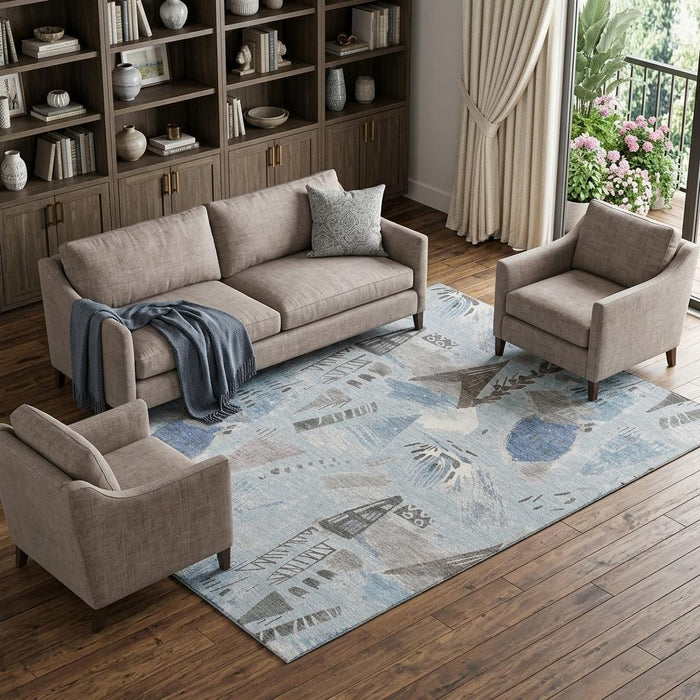 10' X 14' Geometric Washable Area Rug With UV Protection (694538) - Sky Blue / Taupe / Ivory