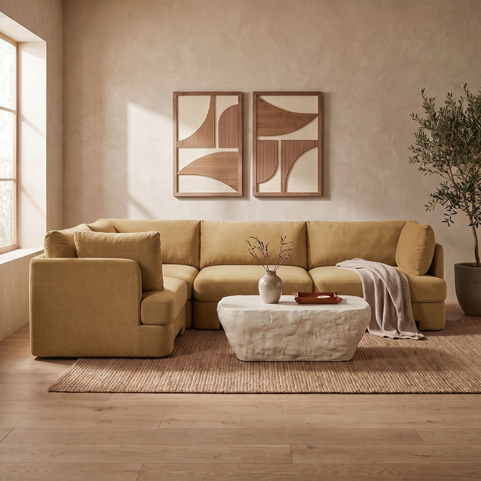 Velvet performance fabric upholstered Meridian Furniture 4-piece sectional sofa, stationary design with plush cushions and modern style.