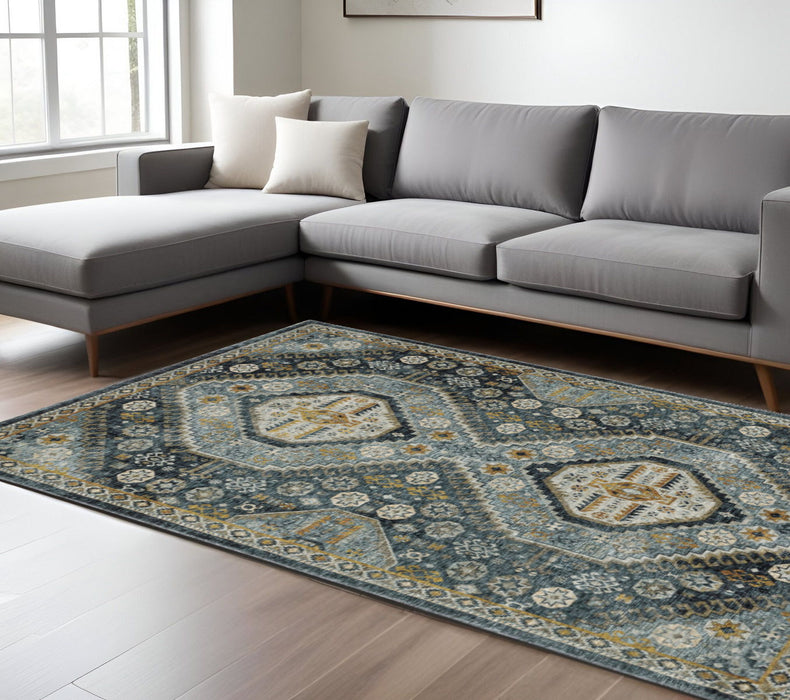7.9' x 11.2' Oriental Power Loom Area Rug With Fringe - Ivory And Blue