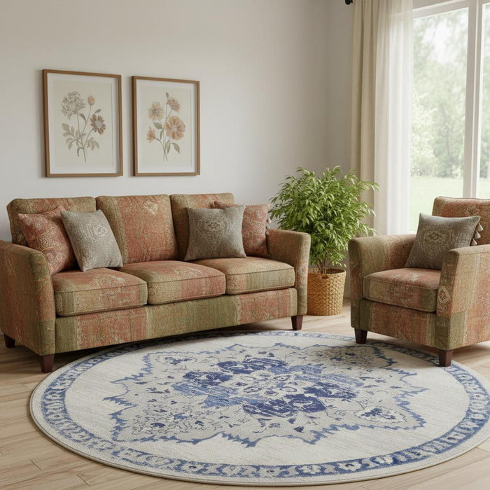8' Floral Round Rug (552318) - Ivory / Blue