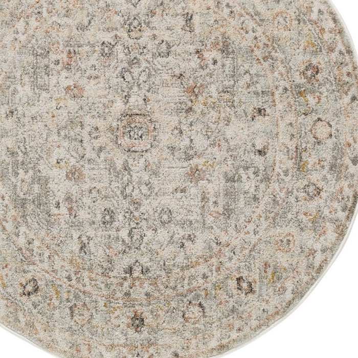 8' Floral Distressed Round Rug (573820) - Light Gray / Black / Yellow