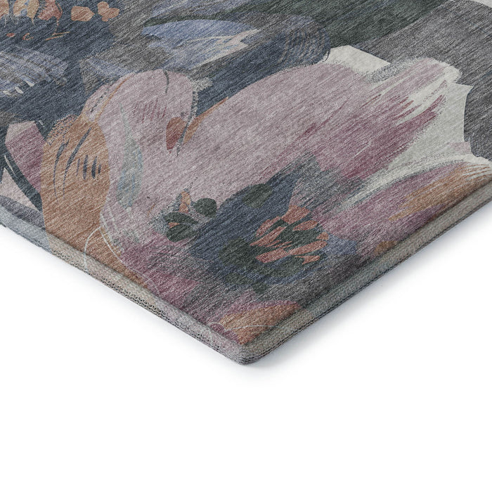 10' X 14' Floral Washable Area Rug With UV Protection (694008) - Pewter / Salmon / Gray
