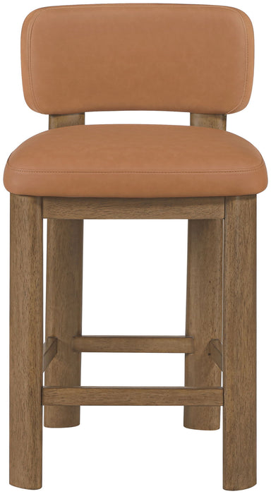 Set of two Meridian Furniture Paloma faux leather counter stools with brown frames, upholstered seat and back for contemporary dining.