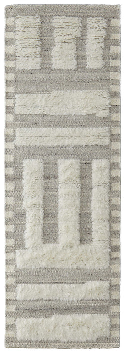 10' Wool Geometric Hand Woven Runner Rug - Gray And Ivory