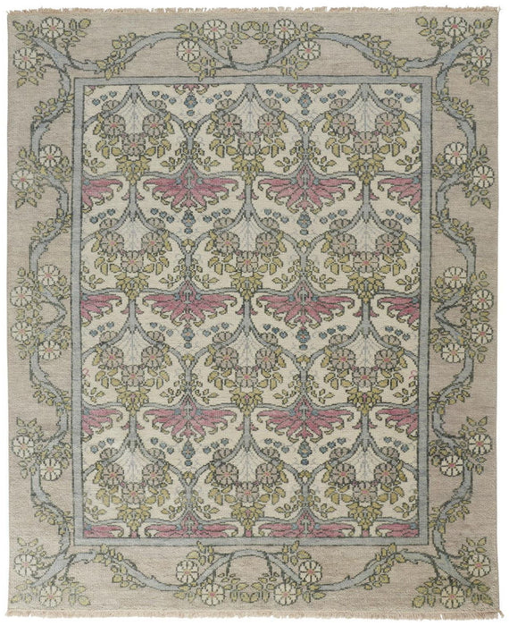 9' x 13' Wool Floral Hand Knotted Area Rug - Ivory Gray And Pink