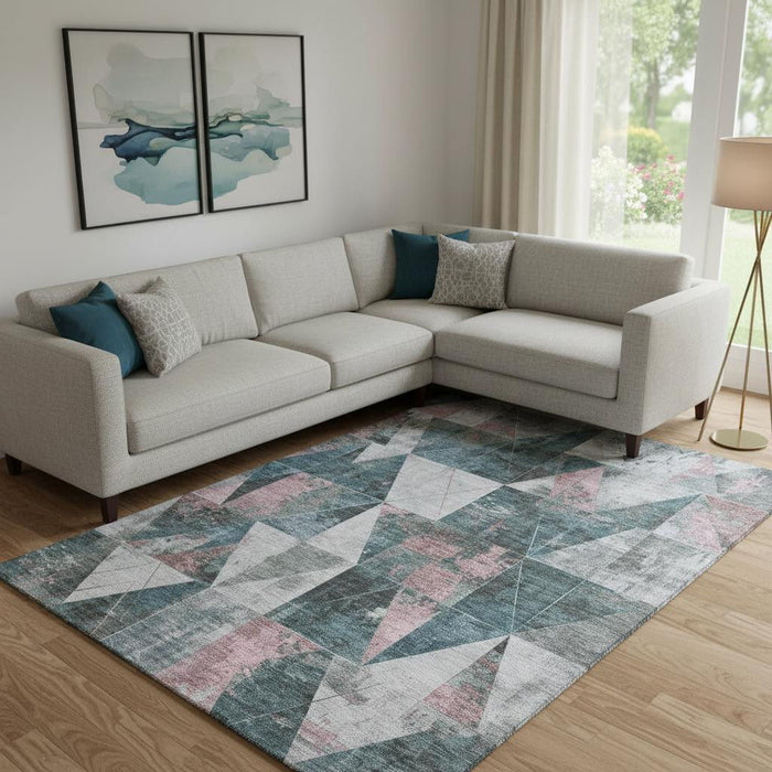 10' X 14' Geometric Washable Area Rug With UV Protection (706999) - Pale Aqua / Coral