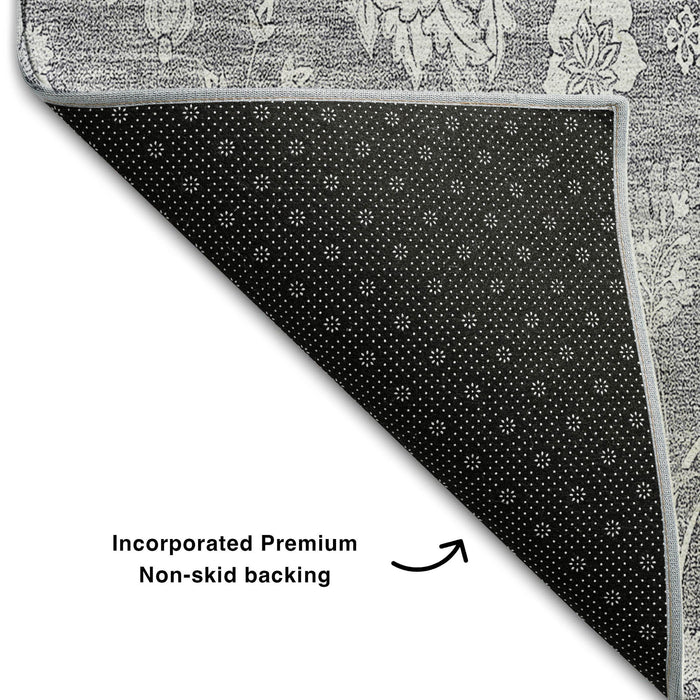 10' X 14' Floral Washable Area Rug With UV Protection (655986) - Gray / Ivory