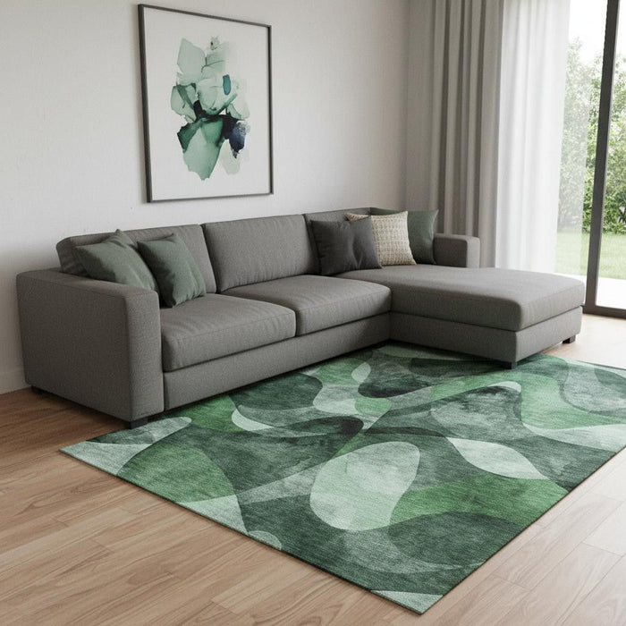 10' X 14' Abstract Washable Area Rug With UV Protection (648082) - Fern Green / Gray / Ivory