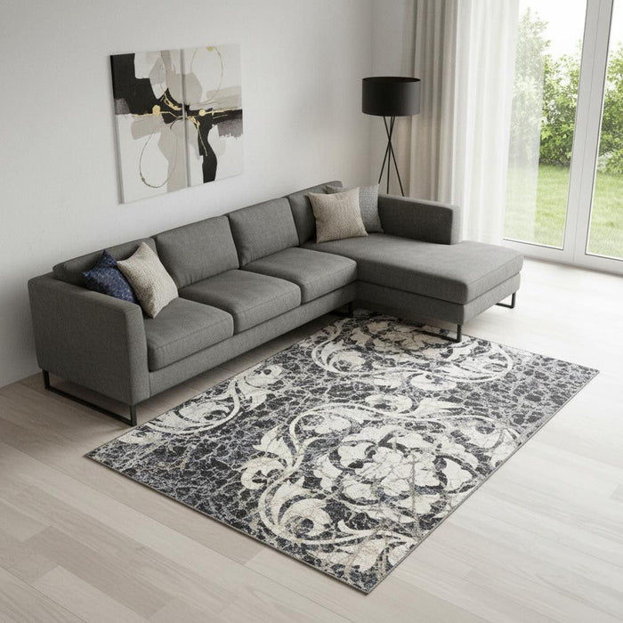 8' X 11' Floral Distressed Non Skid Area Rug (551161) - Ivory / Charcoal / Gray