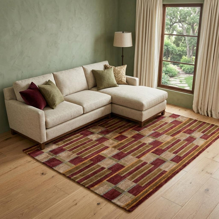 9' X 12' Striped Hand Knotted Area Rug (744364) - Gold / Green / Red