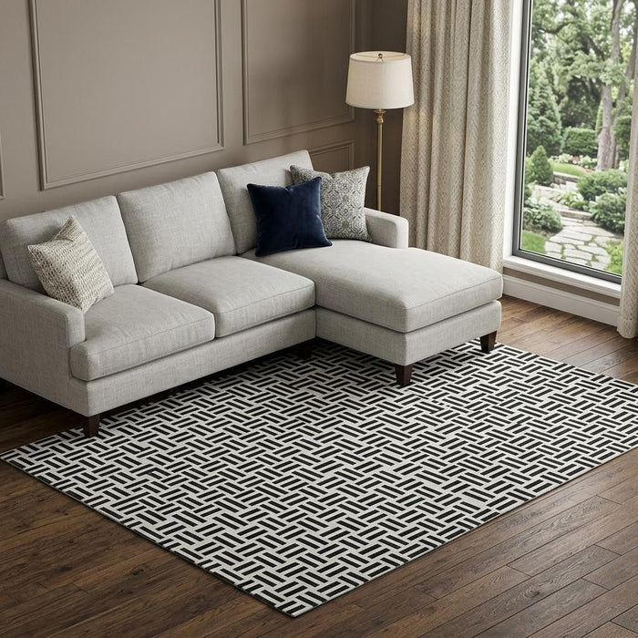 10' X 14' Geometric Washable Area Rug With UV Protection (677219) - Black / Ivory