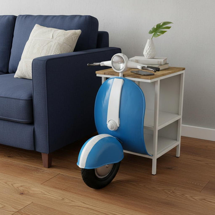 Solid Wood End Table With Two Shelves - Brown / Blue / White