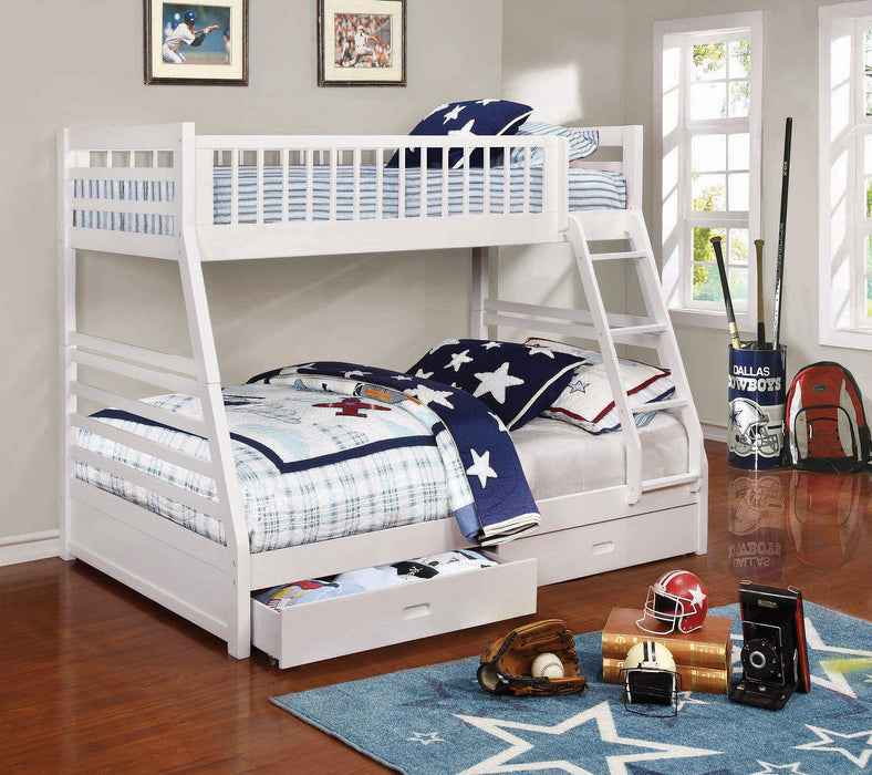 CoasterEssence Ashton white wood twin-over-full bunk bed with two drawers