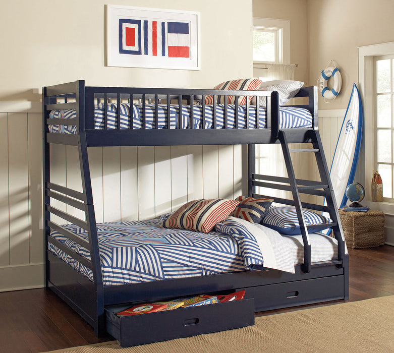CoasterEssence Ashton navy blue wood twin-over-full bunk bed with two drawers