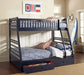 CoasterEssence Ashton navy blue wood twin-over-full bunk bed with two drawers