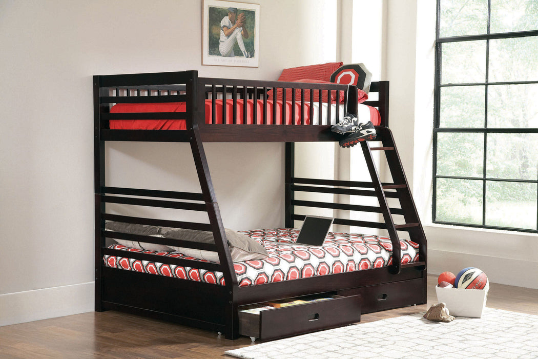 CoasterEssence Ashton cappuccino wood twin-over-full bunk bed with two drawers