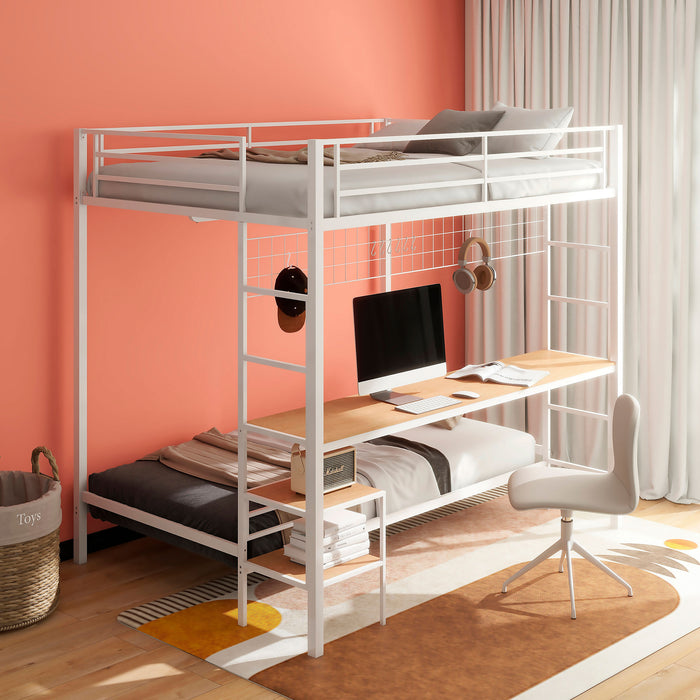 CoasterEveryday Bettoni matte white full-over-twin workstation bunk bed with integrated desk and ladder