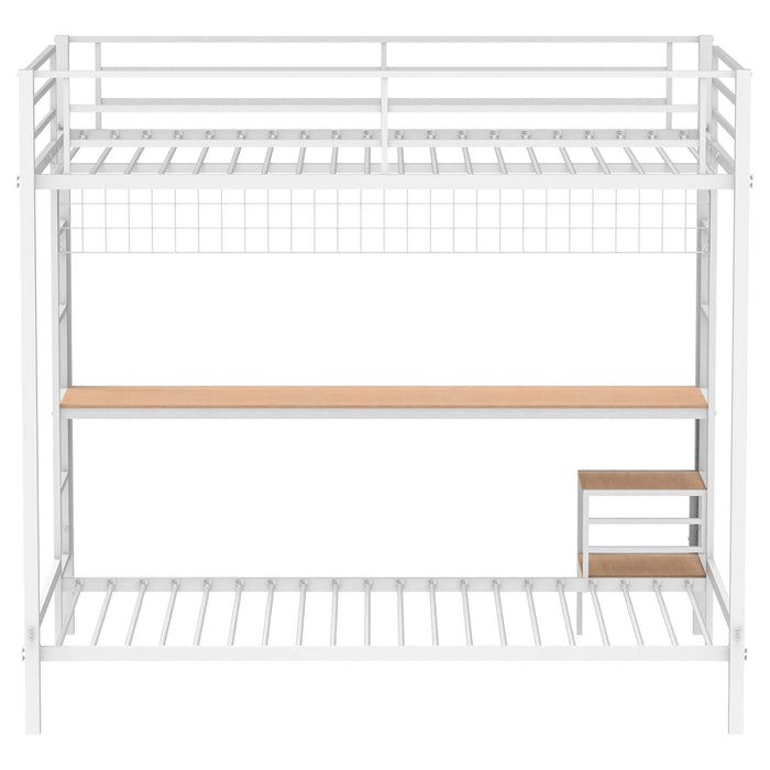 Bettoni matte white full-over-twin workstation bunk bed by CoasterEveryday with built-in desk and storage shelves