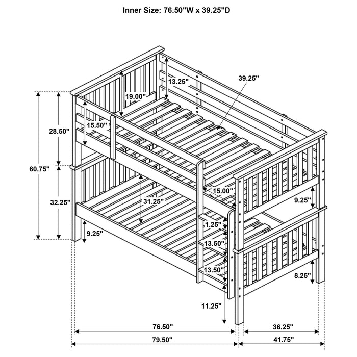 White Chapman Wood twin over twin bunk bed with included mattress, sturdy furniture by CoasterEveryday.