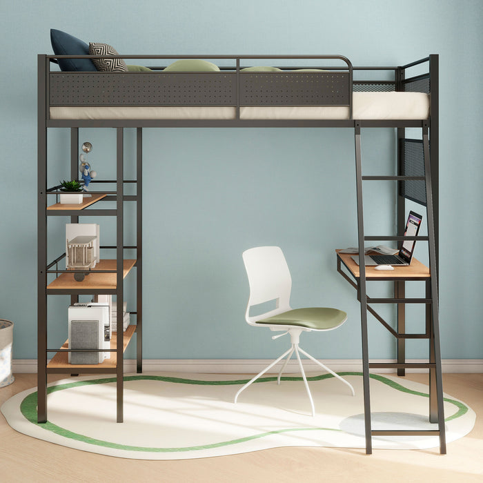 CoasterEveryday Campus Metal Twin Loft Bed with Desk in matte black, featuring a sturdy metal frame and integrated workspace.