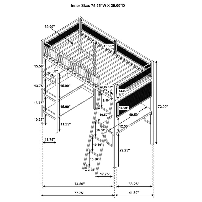 Campus 3-shelf Metal Twin Workstation Loft Bed Matte Black