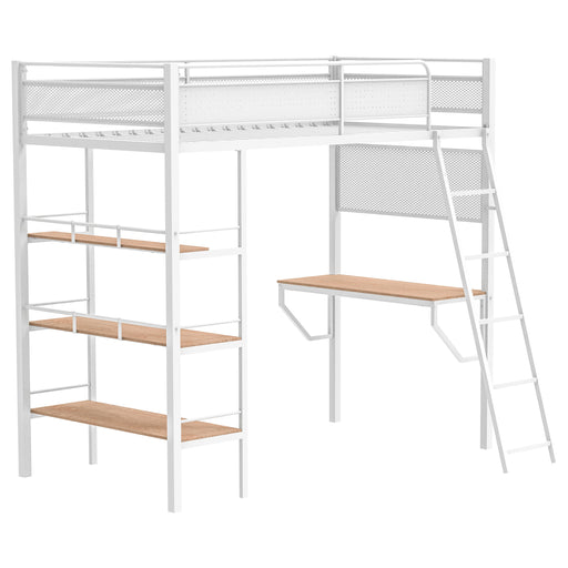 CoasterEveryday Campus Metal Twin Loft Bed with built-in desk in matte white, featuring a sturdy metal frame and workspace underneath.