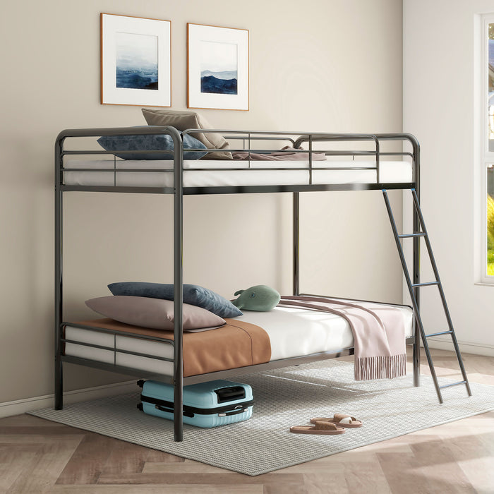 Carson twin-over-twin steel bunk bed with glossy black finish, angled ladder, and sturdy metal frame for bedroom furniture.