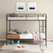 CoasterEveryday Carson twin-over-twin steel bunk bed with glossy black finish and angled ladder, showcasing sturdy metal frame and bedding.
