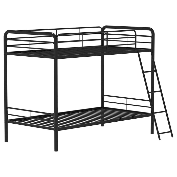 Carson twin-over-twin steel bunk bed with glossy black finish and angled ladder, designed for space-saving bedroom furniture.