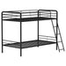 Carson twin-over-twin steel bunk bed with glossy black finish and angled ladder, designed for space-saving bedroom furniture.