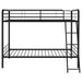 CoasterEveryday Carson black steel twin-over-twin bunk bed with angled ladder, glossy black finish, sturdy metal frame, and safety rails