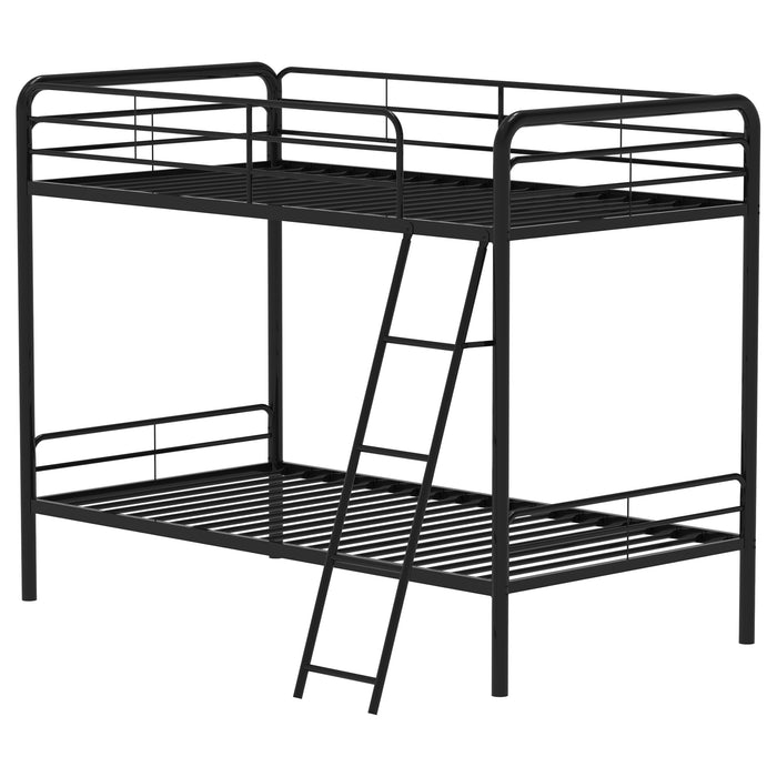 CoasterEveryday Carson twin-over-twin steel bunk bed in glossy black with angled ladder, sturdy furniture for kids' bedroom.
