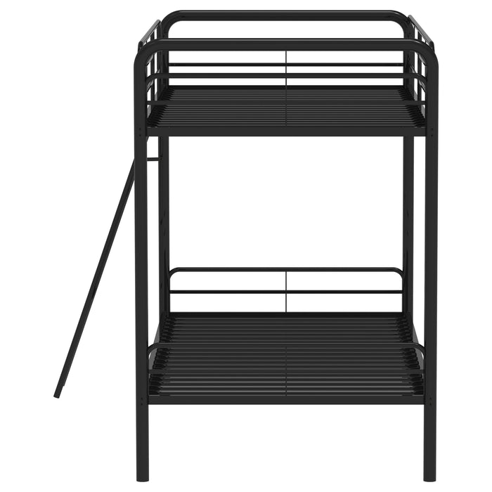 Black steel twin-over-twin bunk bed with angled ladder, featuring a glossy finish and sturdy frame for CoasterEveryday furniture.
