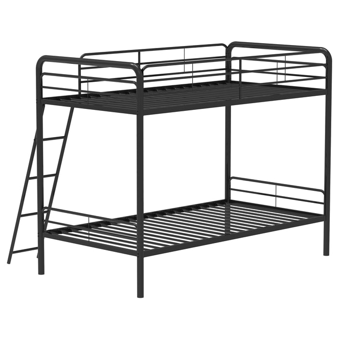 Carson twin-over-twin steel bunk bed with glossy black finish and angled ladder, ideal for space-saving bedroom furniture.