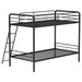 Carson twin-over-twin steel bunk bed with glossy black finish and angled ladder, ideal for space-saving bedroom furniture.