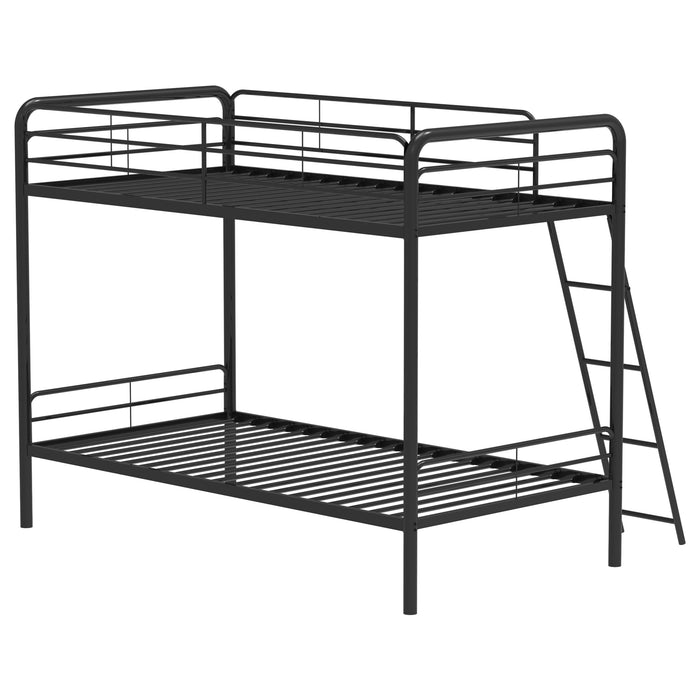 CoasterEveryday Carson twin-over-twin steel bunk bed in glossy black with angled ladder and sturdy metal frame.