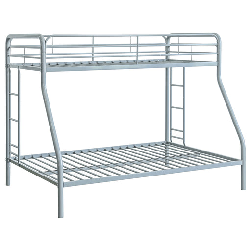 Carson twin-over-full steel bunk bed with dual ladders in glossy silver, featuring sturdy metal construction and safety rails.