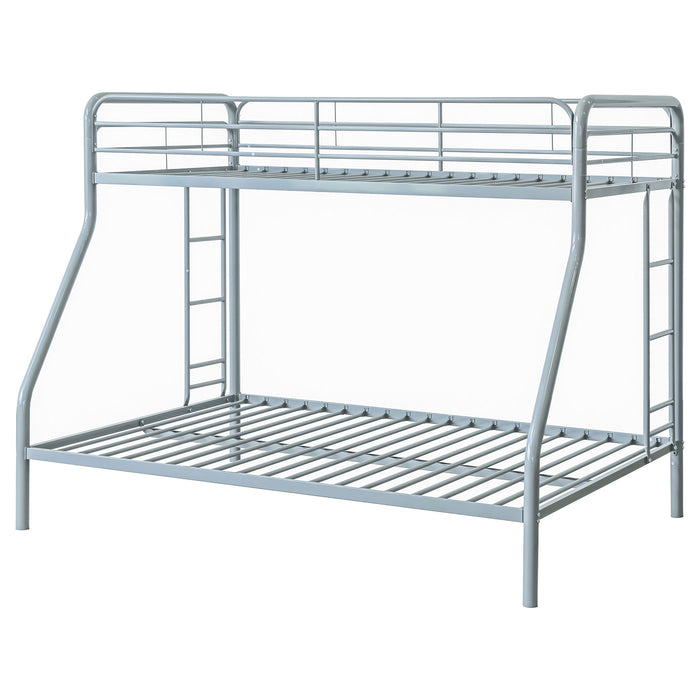Carson twin-over-full steel bunk bed with dual ladders in glossy silver finish, sturdy metal frame, and modern design.