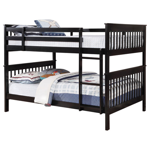 Black Chapman Wood Full Over Full Bunk Bed by CoasterEveryday with sturdy wooden frame and ladder for kids' bedroom.