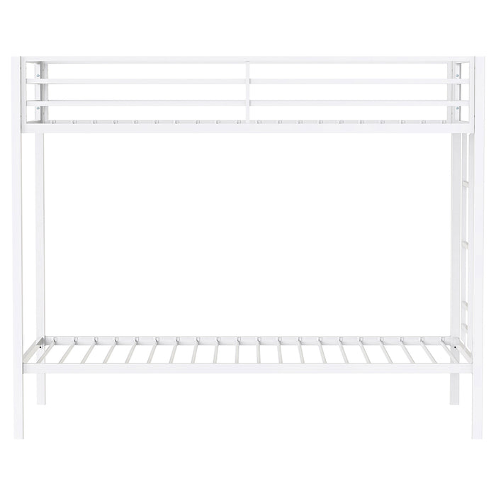 Alevera Twin-Over-Twin Steel Bunk Bed with Ladder Matte White