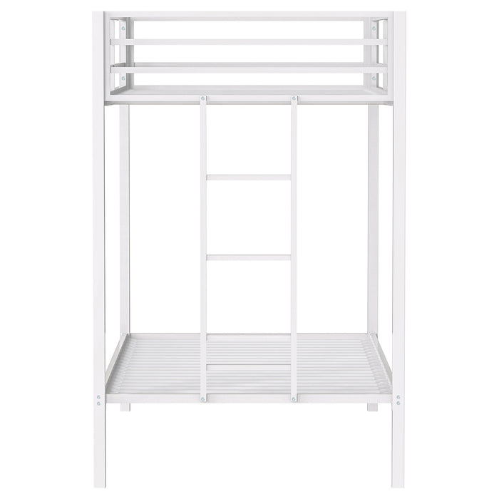 Alevera Twin-Over-Twin Steel Bunk Bed with Ladder Matte White