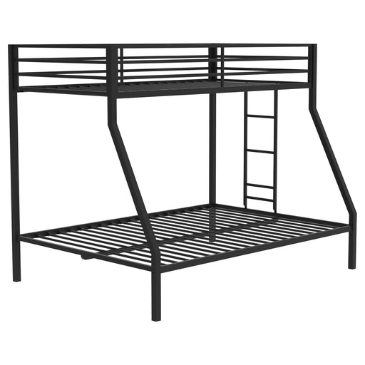 A black steel twin-over-full bunk bed with ladder and safety guardrails, featuring a matte black finish and sturdy frame.